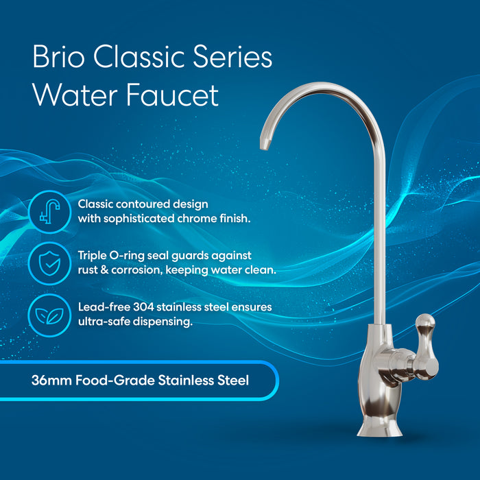 The Brio Curvy Classic Series Water Faucet – Chrome is displayed against a blue background, emphasizing its sleek curve, triple O-ring seal, 36mm food-grade construction, and compatibility with reverse osmosis systems.