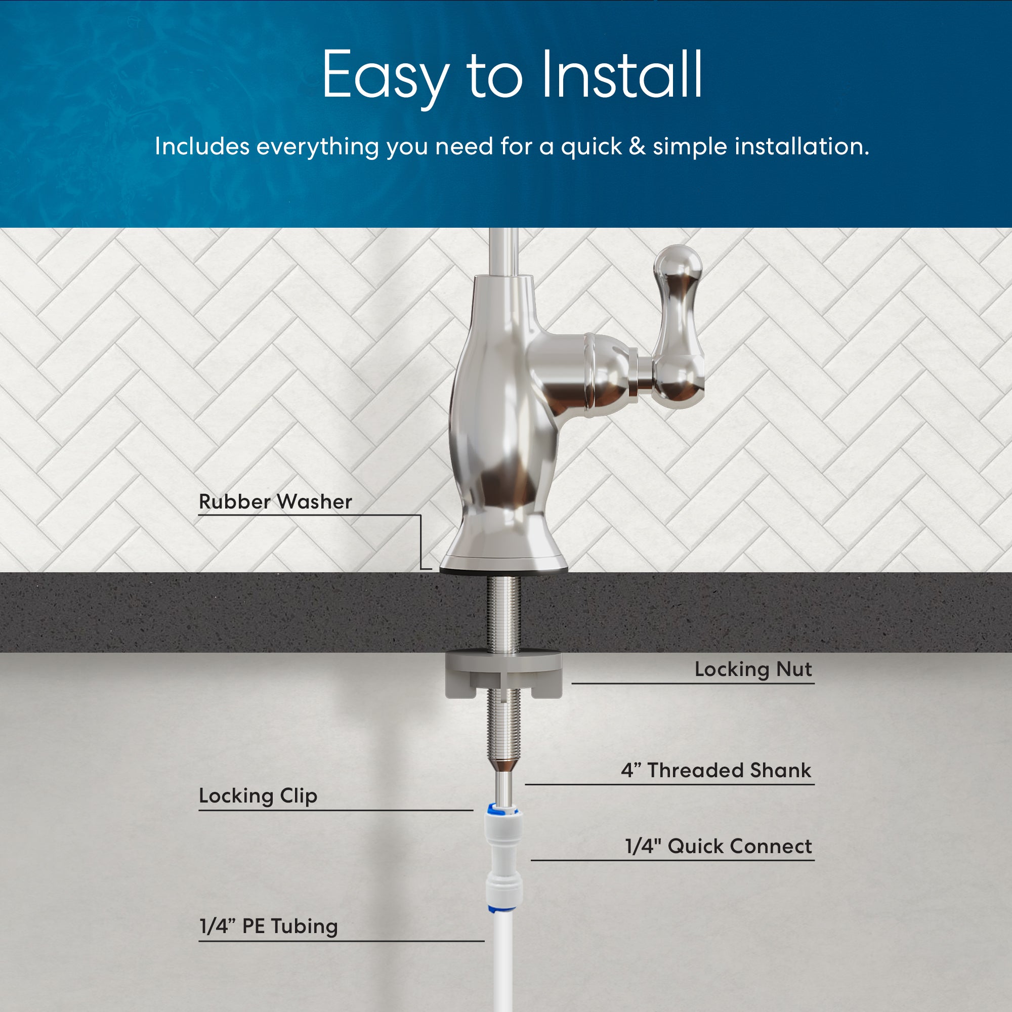 Diagram showing the installation of the Brio Curvy Classic Series Water Faucet – Chrome, with labeled parts: rubber washer, locking clip, locking nut, 4" threaded shank, 1/4" quick connect, and 1/4" PE tubing—ideal for RO systems.