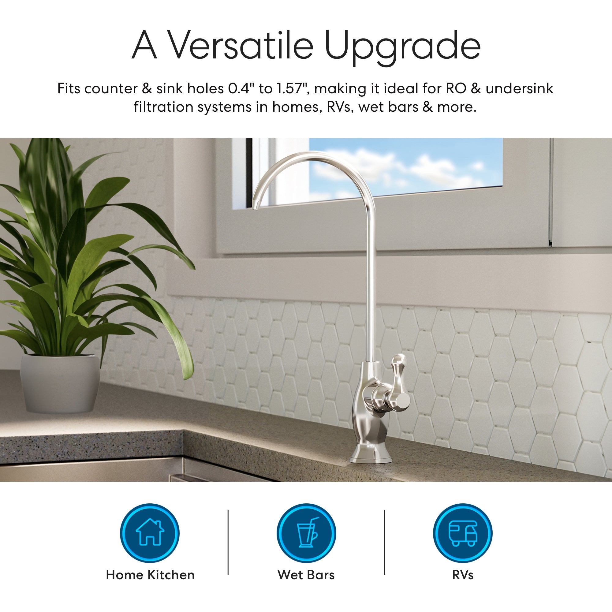 A Brio Curvy Classic Series Water Faucet – Chrome is installed on a kitchen counter by a green potted plant, with a white hexagon tile backsplash. Icons show its use for home kitchens, wet bars, RVs. Compatible with reverse osmosis systems.