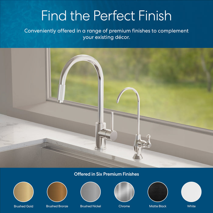 The Brio Curvy Classic Series Water Faucet – Chrome features a modern design with dual metallic faucets on a marble countertop before a large window; six swatches show finishes: brushed gold, bronze, nickel, chrome, matte black, and white. Compatible with reverse osmosis.