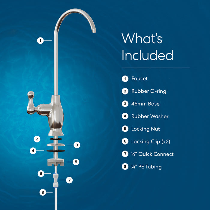 Diagram of the Brio Curvy Classic Series Water Faucet – Chrome with labeled parts: lead-free stainless steel faucet, rubber O-ring, 45mm base, rubber washer, locking nut, two locking clips, 1/4” quick connect for RO system, and PE tubing.