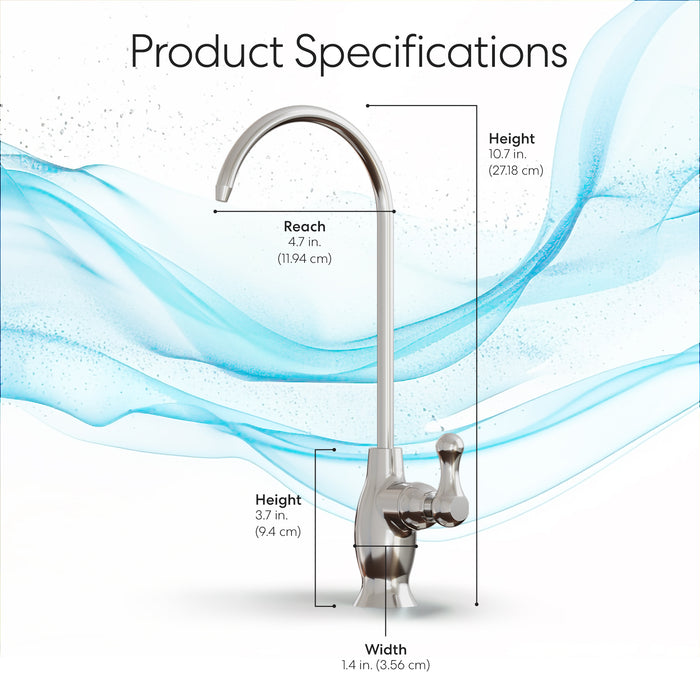A diagram of the Brio Curvy Classic Series Water Faucet – Chrome with labeled dimensions: reach 4.7 in (11.94 cm), height 10.7 in, base height 3.7 in, width 1.4 in. Blue swirls accent this lead-free stainless steel RO faucet.