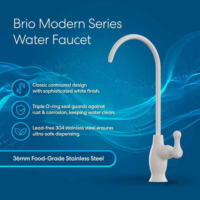 A white Brio Curvy Classic Series Water Faucet with a curved spout is displayed on a blue background. Text highlights features such as lead-free stainless steel, triple O-ring seal, and classic design.
