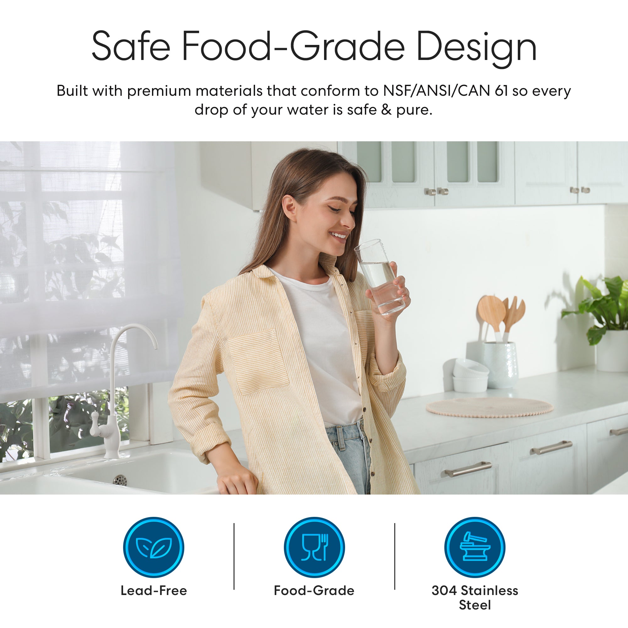 A woman smiles in a bright kitchen, holding a glass of water. Icons show the Brio Curvy Classic Series Water Faucet – White is lead-free, food-grade, and crafted from 304 stainless steel for safe daily use.