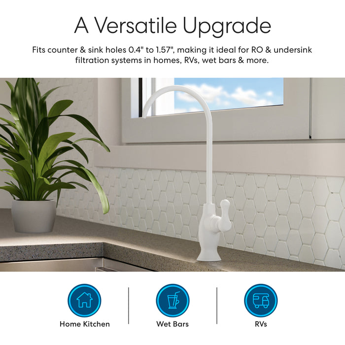 A Brio Curvy Classic Series Water Faucet – White is installed on a kitchen counter beside a green plant, with hexagonal white tile backsplash. Text highlights its versatility for home kitchens, wet bars, and RVs.