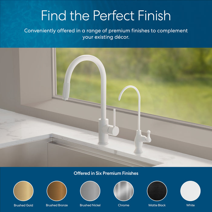 A Brio Curvy Classic Series Water Faucet in White is installed on a marble countertop with a matching soap dispenser. This lead-free stainless steel faucet is available in six finishes, including Brushed Gold, Bronze, Nickel, Chrome, Matte Black, and White.