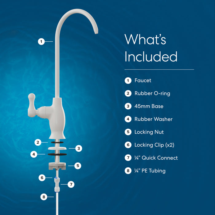 Diagram of a Brio Curvy Classic Series Water Faucet – White installation kit with numbered parts: lead-free stainless steel faucet, O-ring, 45mm base, washers, locking clip and nut, ¼” quick connect, and PE tubing for reverse osmosis setup.