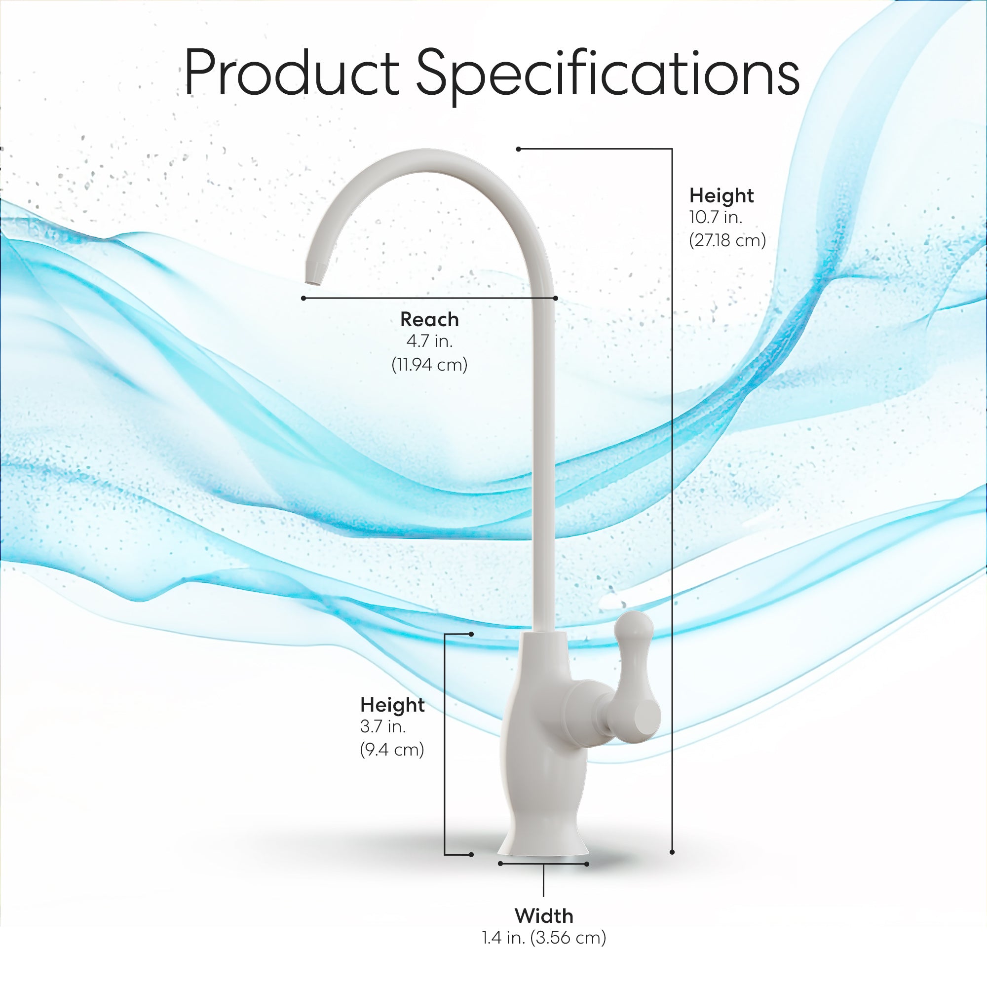Brio Curvy Classic Series Water Faucet – White: overall height 10.7 in (27.18 cm), reach 4.7 in, lower height 3.7 in, base width 1.4 in. Lead-free stainless steel, ideal for reverse osmosis systems; set against a blue swirl background.
