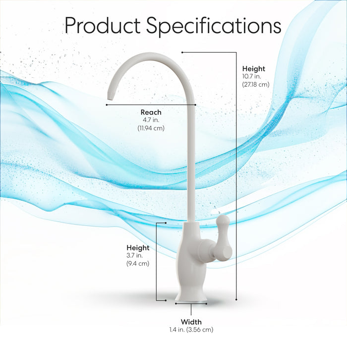 Brio Curvy Classic Series Water Faucet – White: overall height 10.7 in (27.18 cm), reach 4.7 in, lower height 3.7 in, base width 1.4 in. Lead-free stainless steel, ideal for reverse osmosis systems; set against a blue swirl background.