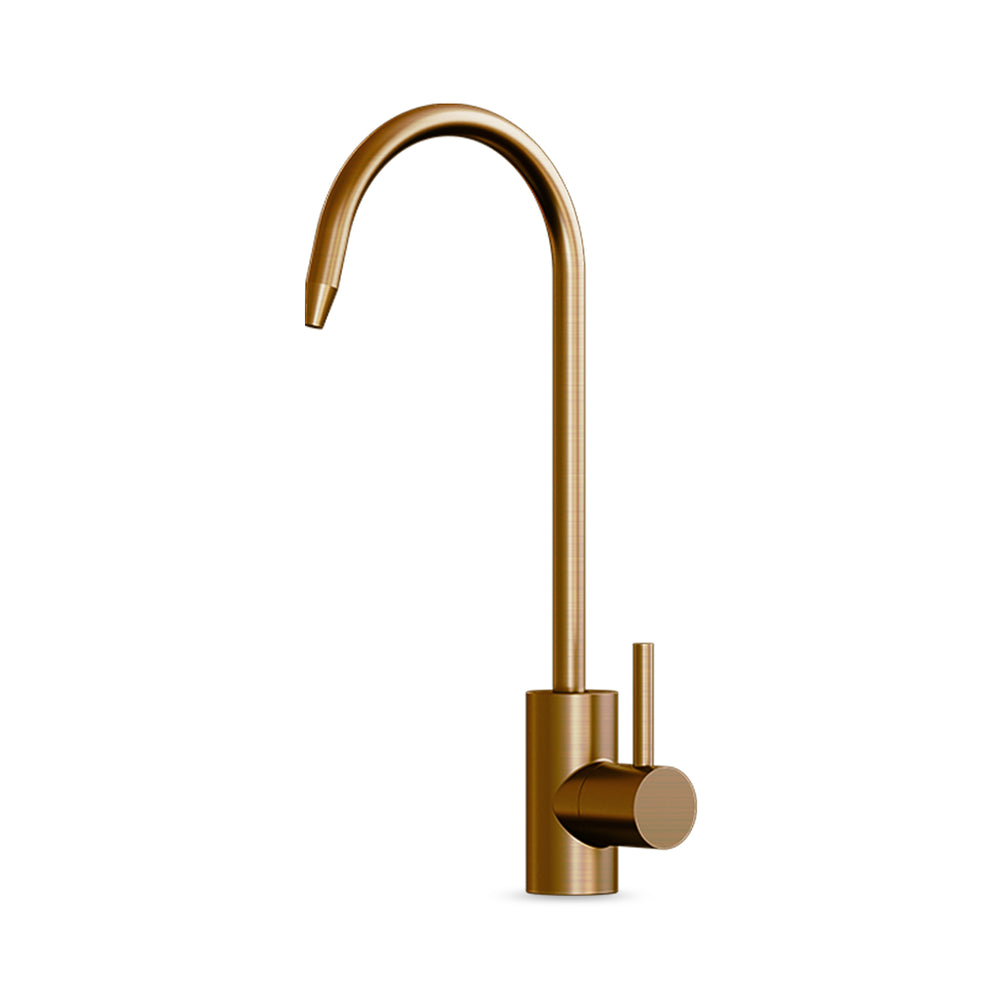 The Brio Modern Series Water Faucet in brushed bronze features a high, curved spout and single side lever—perfect as a reverse osmosis faucet—elegantly showcased on a white background.