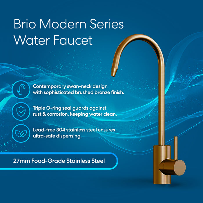 The Brio Modern Series Water Faucet – Brushed Bronze is shown on a blue background, featuring a swan-neck design, rust protection, lead-free stainless steel, and a stylish brushed bronze finish.