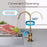 A hand rinses a green apple under the Brio Modern Series Water Faucet – Brushed Bronze; arrows highlight its 360° rotation and 90° tilt, and text showcases its splash-free, directed stream for reverse osmosis convenience.