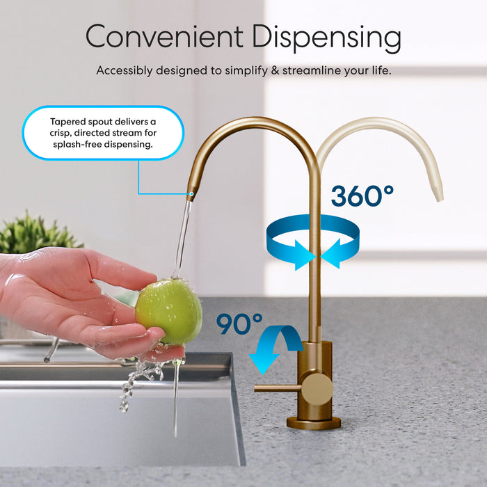A hand rinses a green apple under the Brio Modern Series Water Faucet – Brushed Bronze; arrows highlight its 360° rotation and 90° tilt, and text showcases its splash-free, directed stream for reverse osmosis convenience.
