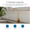 The Brio Modern Series Water Faucet – Brushed Bronze adds a sleek touch to your kitchen with a hexagonal tile backsplash and plant. Versatile for home kitchens, wet bars, RVs, or as a reverse osmosis faucet.