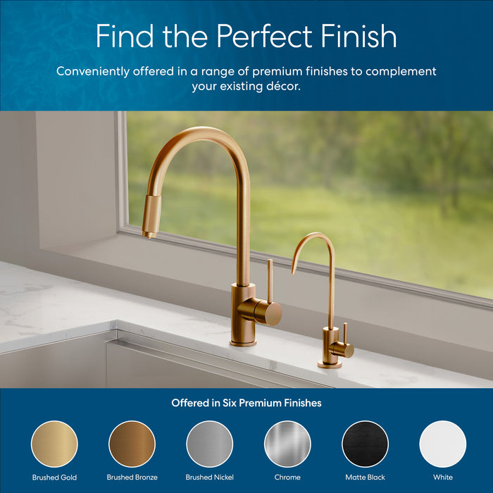 A kitchen sink with a Brio Modern Series Water Faucet – Brushed Bronze and matching soap dispenser is shown by a window. Below, six finishes are displayed, including brushed bronze, nickel, chrome, and matte black.