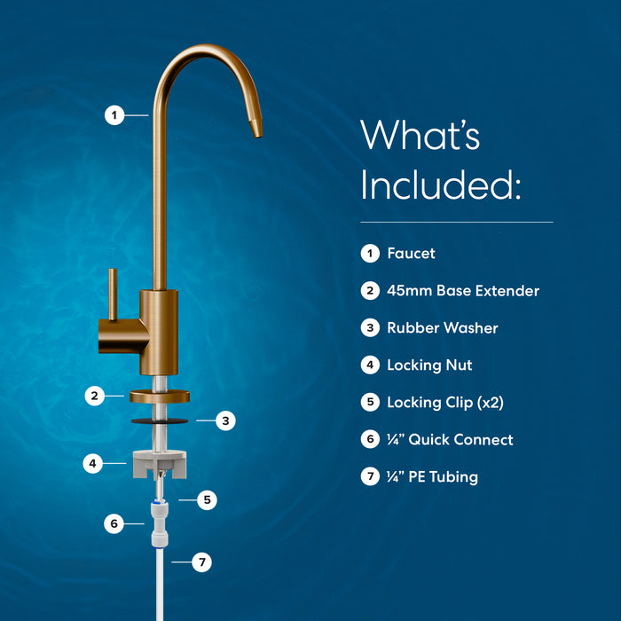 Labeled diagram of the Brio Modern Series Water Faucet – Brushed Bronze installation kit on a blue background, showing the RO faucet, base extender, washer, nut, locking clips, quick connect, PE tubing, and a parts list on the right.