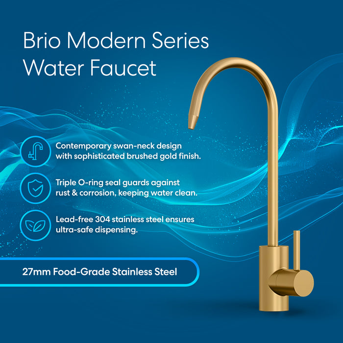 The Brio Modern Series Water Faucet – Brushed Gold stands on a blue background, featuring a swan-neck design, triple O-ring seal, lead-free build, and 27mm food-grade stainless steel construction.