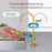 A hand washes a green apple under the Brio Modern Series Water Faucet – Brushed Gold, featuring dual spouts for filtered reverse osmosis water. Blue arrows display each spout’s adjustable motion. Splash-free, safe dispensing is highlighted.