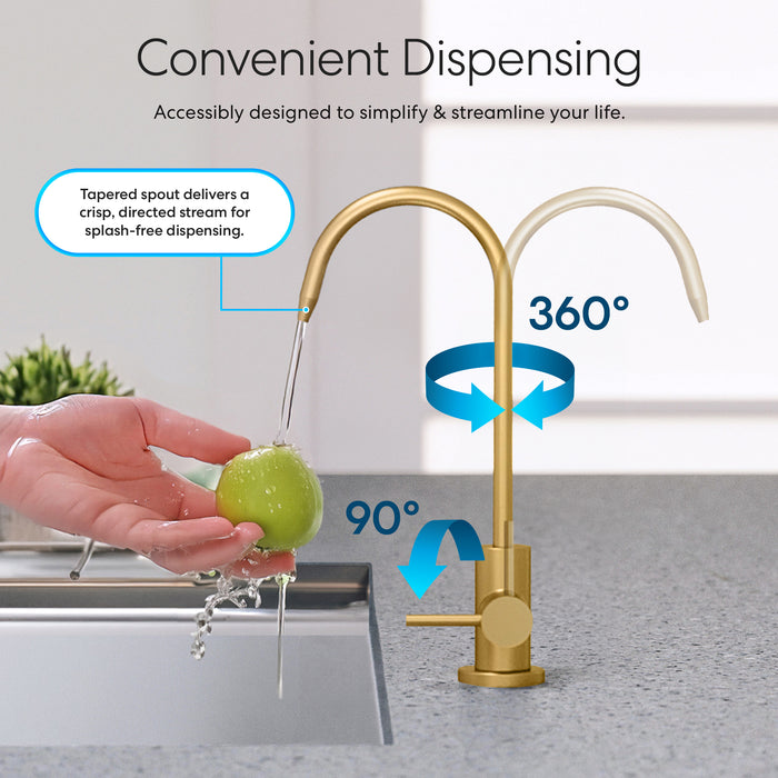 A hand washes a green apple under the Brio Modern Series Water Faucet – Brushed Gold, featuring dual spouts for filtered reverse osmosis water. Blue arrows display each spout’s adjustable motion. Splash-free, safe dispensing is highlighted.