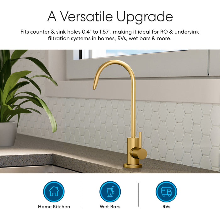 The Brio Modern Series Water Faucet – Brushed Gold is shown on a kitchen counter with a plant and hexagonal white tile backsplash; icons indicate it's ideal for home kitchens, wet bars, and RVs.