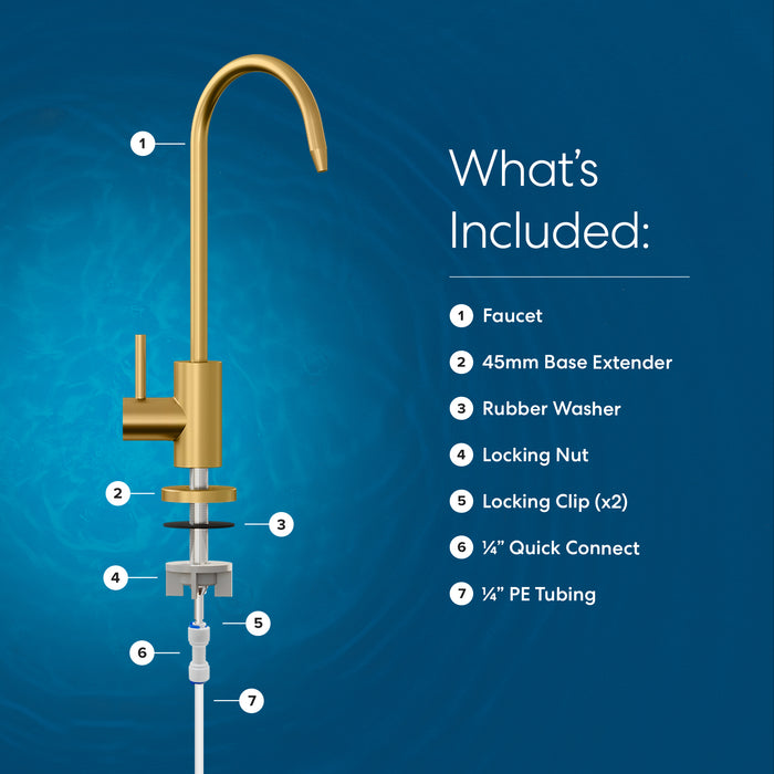 A labeled diagram of the Brio Modern Series Water Faucet – Brushed Gold shows numbered parts: 1) Faucet, 2) 45mm base extender, 3) rubber washer, 4) locking nut, 5) two locking clips, 6) 1/4 quick connect, 7) 1/4 PE tubing.