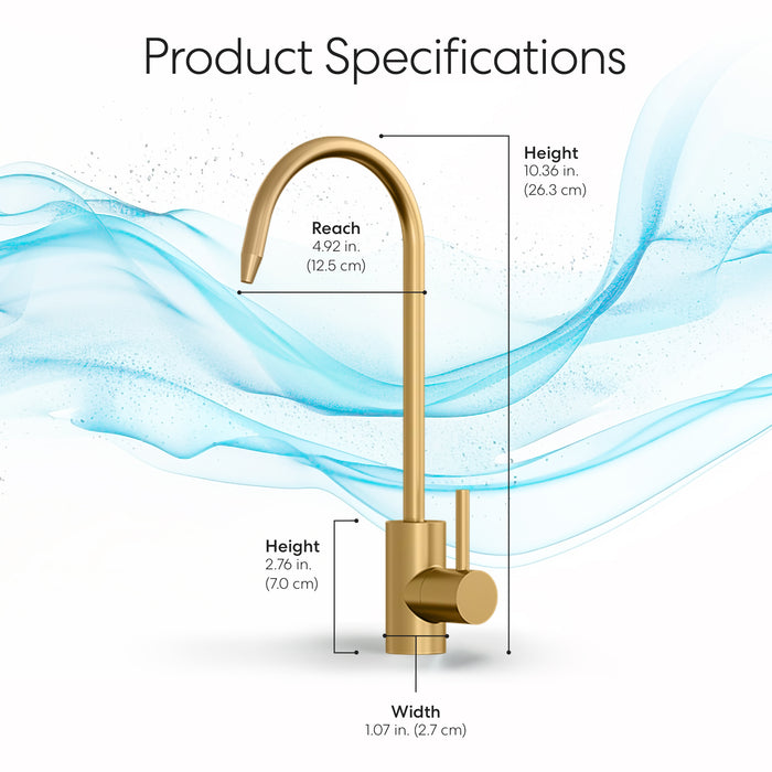 Brio Modern Series Water Faucet – Brushed Gold: lead-free stainless steel, total height 10.3 in (26.3 cm), spout reach 4.92 in (12.5 cm), handle height 2.76 in (7.0 cm), base width 1.07 in (2.7 cm). Blue water graphic background.