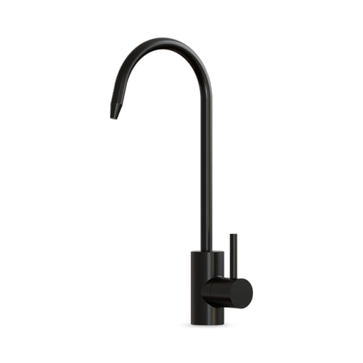 The Brio Modern Series Water Faucet – Matte Black is a lead-free stainless steel faucet with a high curved spout and single lever handle on the right, shown isolated on white.