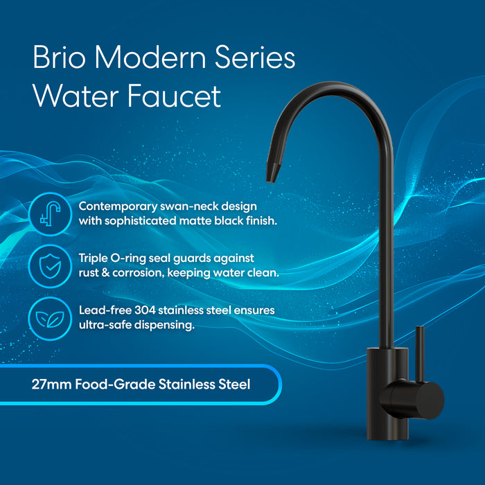 The Brio Modern Series Water Faucet – Matte Black, a lead-free stainless steel swan-neck faucet with a triple O-ring seal and reverse osmosis compatibility, is displayed on a blue background.
