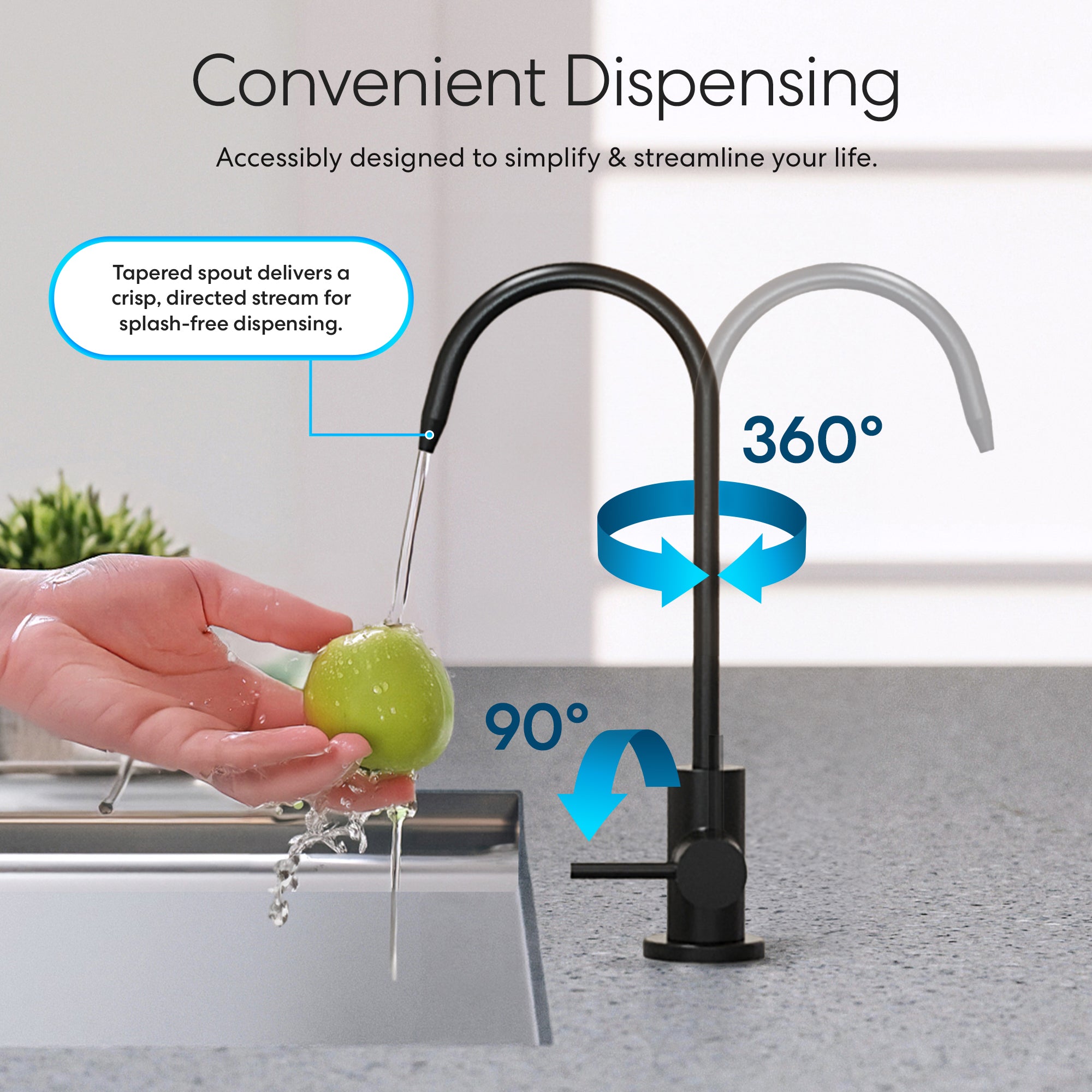A hand washes a green apple under the Brio Modern Series Water Faucet – Matte Black, a lead-free stainless steel faucet with dual handles, splash-free tapered spout, 360° rotation, 90° lever movement, and a convenient modern design.