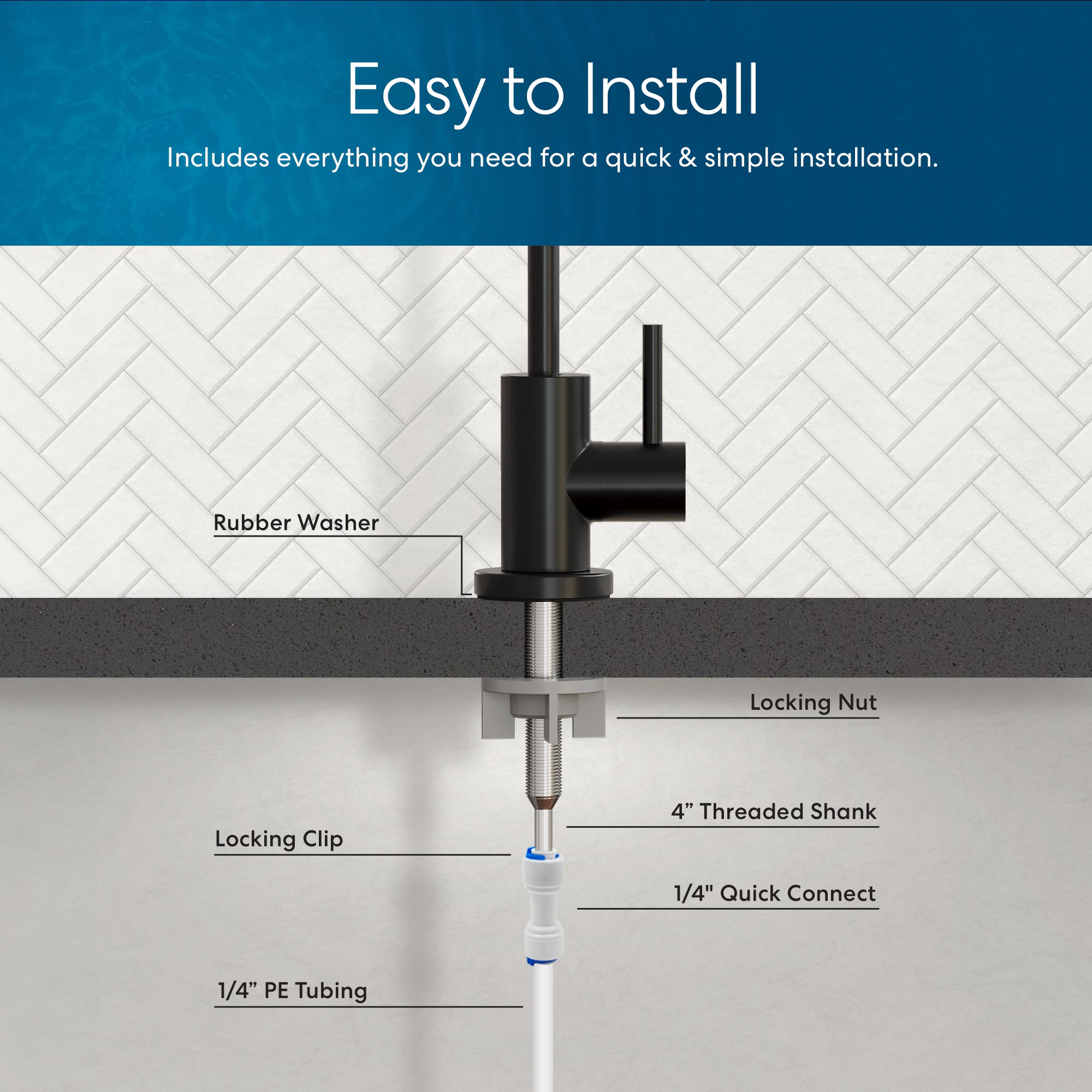 A diagram shows the Brio Modern Series Water Faucet – Matte Black installed through a countertop, labeling the rubber washer, locking nut, 4" threaded shank, locking clip, 1/4" quick connect, and 1/4" PE tubing. Text: Easy to Install.