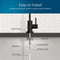 A diagram shows the Brio Modern Series Water Faucet – Matte Black installed through a countertop, labeling the rubber washer, locking nut, 4" threaded shank, locking clip, 1/4" quick connect, and 1/4" PE tubing. Text: Easy to Install.
