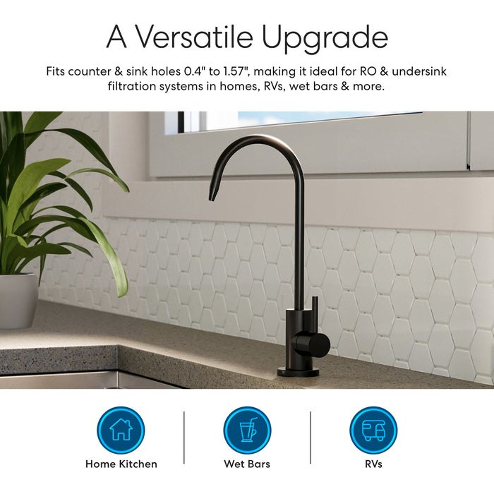 The Brio Modern Series Water Faucet – Matte Black, shown on a kitchen counter with plant and hex tile backdrop, is a lead-free stainless steel faucet ideal for filtration or RO systems—perfect for home kitchens, wet bars, and RVs.