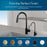 Showcasing the Brio Modern Series Water Faucet – Matte Black, this modern countertop features two sleek faucets. Available in six finishes, including lead-free stainless steel—perfect for stylish reverse osmosis systems and any décor.