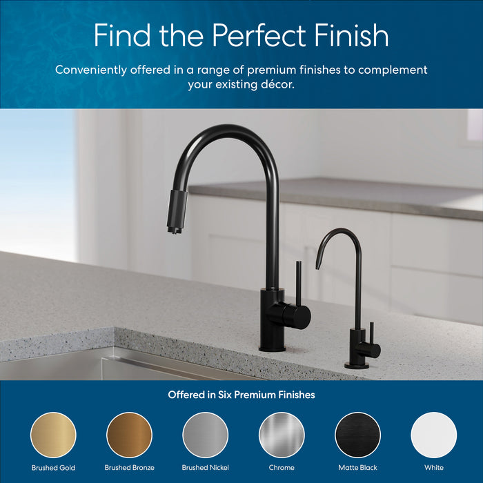 Showcasing the Brio Modern Series Water Faucet – Matte Black, this modern countertop features two sleek faucets. Available in six finishes, including lead-free stainless steel—perfect for stylish reverse osmosis systems and any décor.