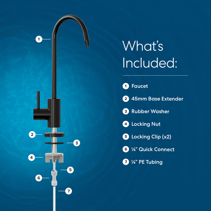 Diagram of the Brio Modern Series Water Faucet – Matte Black with labeled parts on a blue background. Features include reverse osmosis faucet, 45mm base extender, rubber washer, locking nut, quick connect, PE tubing, and a What's Included list.