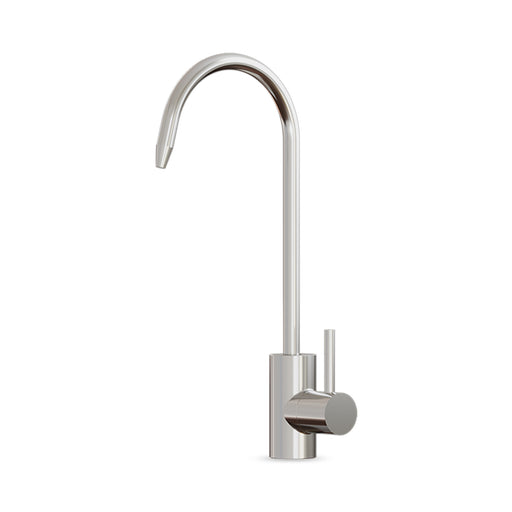 The Brio Modern Series Water Faucet – Chrome, made from lead-free stainless steel, features a high curved spout and single side lever handle—ideal for modern kitchens or as a filtration system faucet.