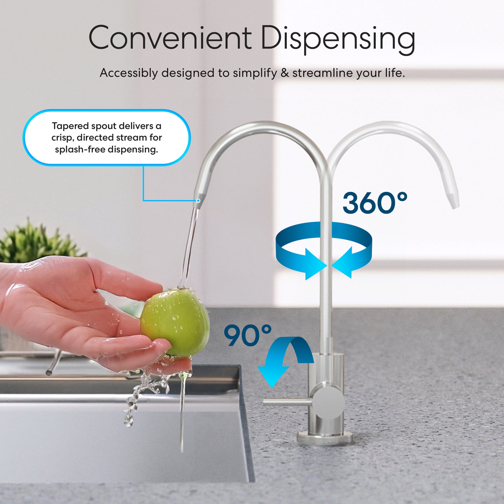 A person washes an apple under the Brio Modern Series Water Faucet – Chrome.