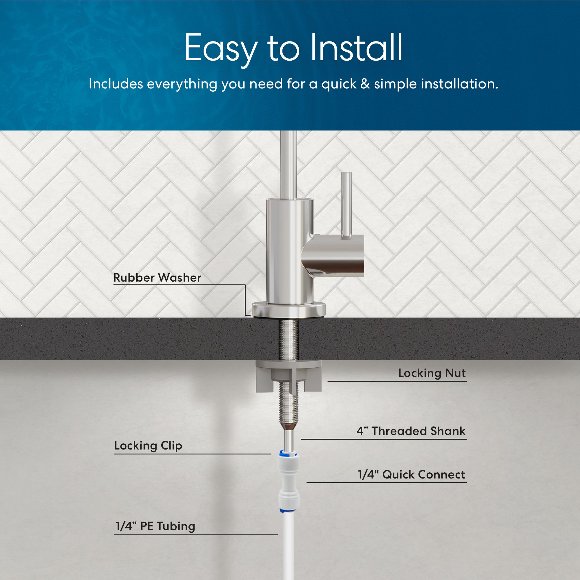 Diagram of Brio Modern Series Water Faucet – Chrome installation features labeled parts: rubber washer, locking clip, 1/4 PE tubing, locking nut, threaded shank, and 1/4 quick connect. Text: "Easy to Install.