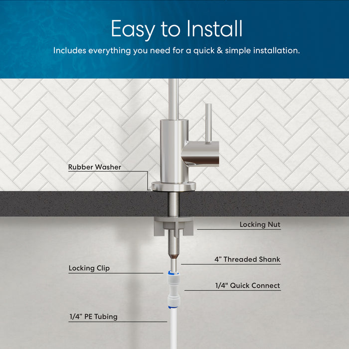 Diagram of Brio Modern Series Water Faucet – Chrome installation features labeled parts: rubber washer, locking clip, 1/4 PE tubing, locking nut, threaded shank, and 1/4 quick connect. Text: &quot;Easy to Install.