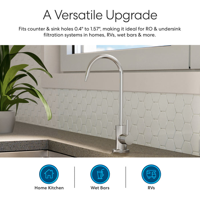 The Brio Modern Series Water Faucet – Chrome is installed on a kitchen counter with a hexagonal tile backsplash and plant, showing icons for home kitchens, wet bars, and RVs. Compatible as a water filtration system faucet.