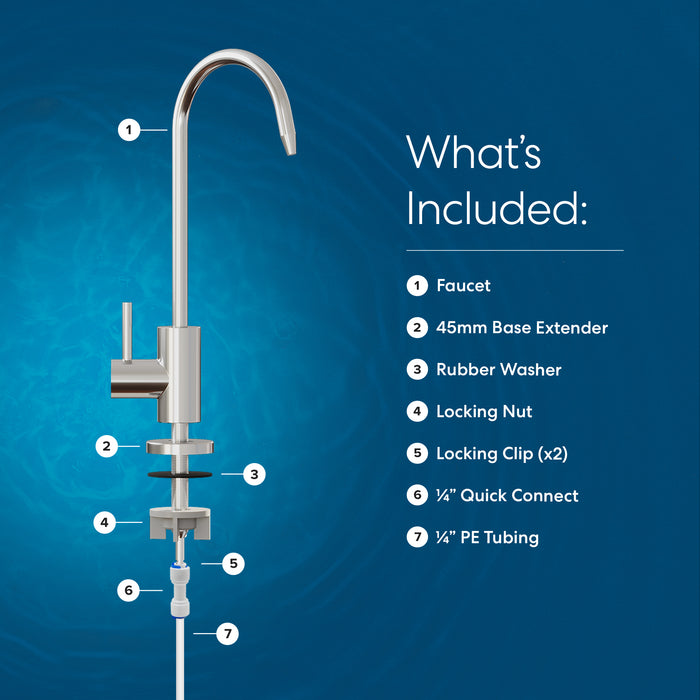 Labeled diagram of the Brio Modern Series Water Faucet – Chrome against a blue background, showing included parts: faucet, base extender, rubber washer, locking nut, locking clips, ¼&quot; quick connect, and ¼&quot; PE tubing.