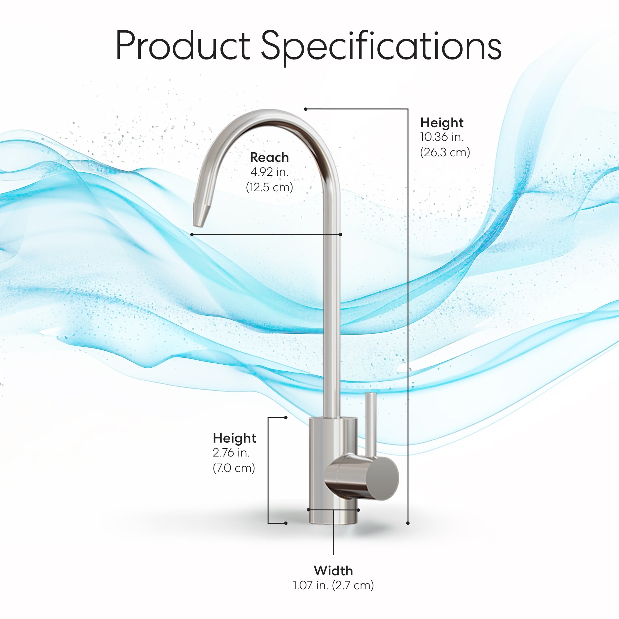 A Brio Modern Series Water Faucet – Chrome, made from lead-free stainless steel, is shown on a white background with blue waves. Dimensions: reach 4.92 in., height 10.36 in., spout height 2.76 in., base width 1.07 in.