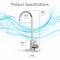 A Brio Modern Series Water Faucet – Chrome, made from lead-free stainless steel, is shown on a white background with blue waves. Dimensions: reach 4.92 in., height 10.36 in., spout height 2.76 in., base width 1.07 in.