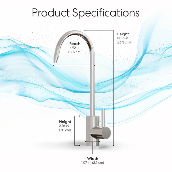 A Brio Modern Series Water Faucet – Chrome, made from lead-free stainless steel, is shown on a white background with blue waves. Dimensions: reach 4.92 in., height 10.36 in., spout height 2.76 in., base width 1.07 in.