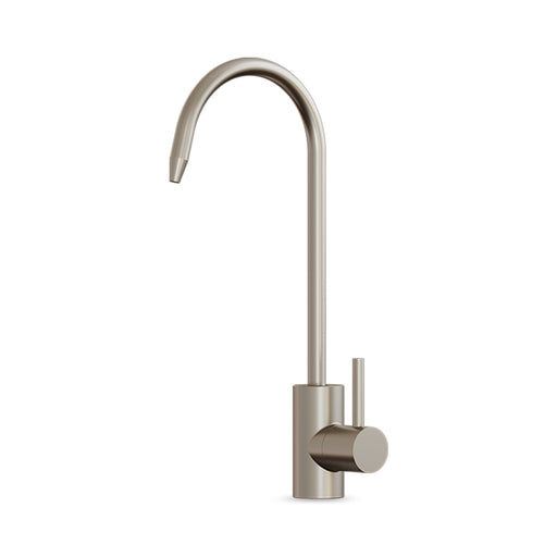 The Brio Modern Series Water Faucet in brushed nickel is a lead-free stainless steel kitchen faucet featuring a tall, curved spout and a single side lever handle, displayed against a plain white background.