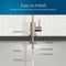 Diagram showing installation of the Brio Modern Series Water Faucet – Brushed Nickel, with labeled parts: rubber washer, locking nut, locking clip, 4" threaded shank, 1/4 quick connect, and 1/4 PE tubing under a countertop. Easy to install.
