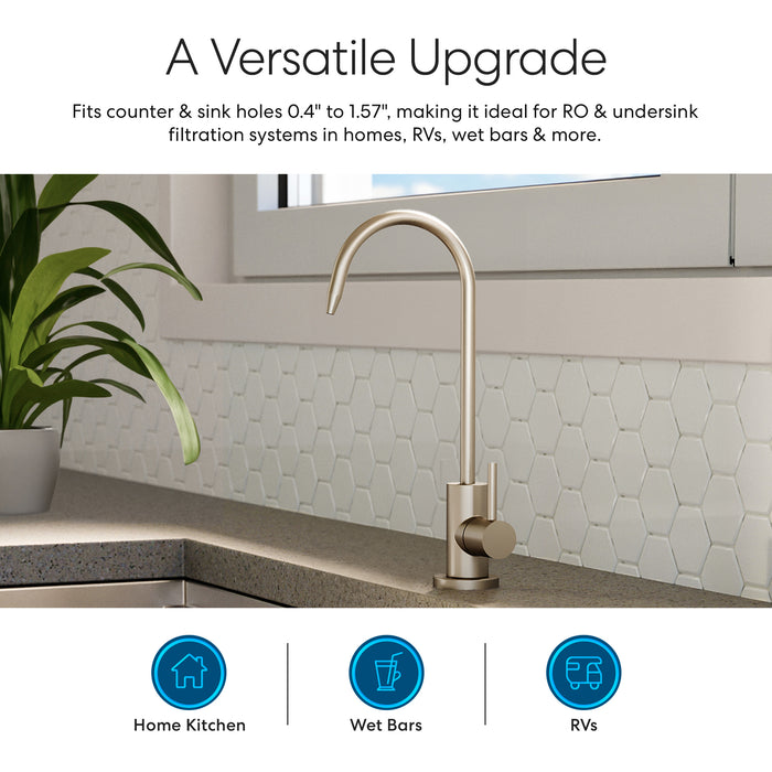 The Brio Modern Series Water Faucet – Brushed Nickel, a sleek lead-free stainless steel fixture, is shown on a kitchen counter by a plant. Icons indicate it suits home kitchens, wet bars, and RVs. Text highlights its versatility for water filtration.