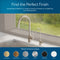 The Brio Modern Series Water Faucet in brushed nickel, shown by a window with a matching soap dispenser, is displayed. Six finish options—brushed gold, brushed bronze, brushed nickel, chrome, matte black, and white—appear below.