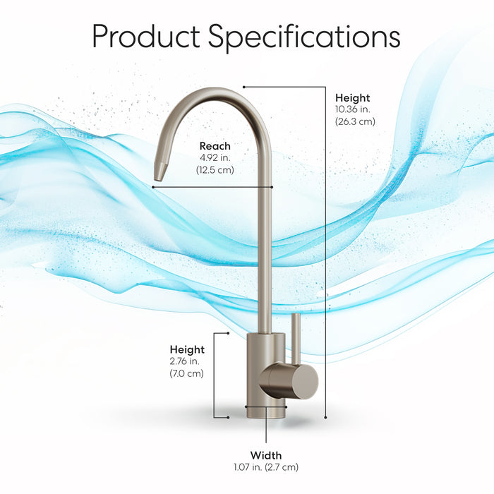 A diagram of the Brio Modern Series Water Faucet – Brushed Nickel, lead-free stainless steel, labeled: height 10.36 in (26.3 cm), reach 4.92 in (12.5 cm), body height 2.76 in (7 cm), width 1.07 in (2.7 cm); blue wave background.