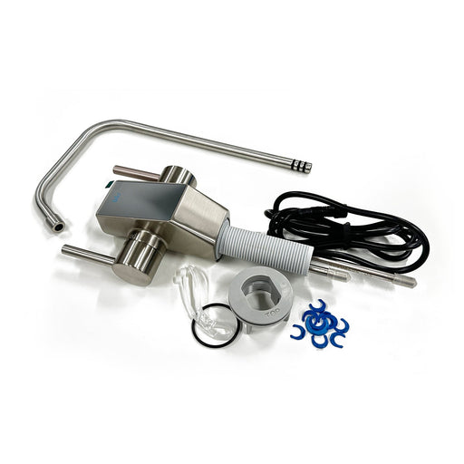 The Dual Water Smart Faucet with LED TDS and Filter Life Indicator includes a handle, power cord, flexible hose, compatible water filters, mounting hardware, rubber washers, and blue plastic clips arranged on a white background.
